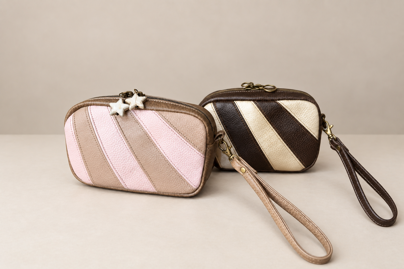 Two zippered wristlet bags with diagonal pink and taupe panels and brown and cream panels